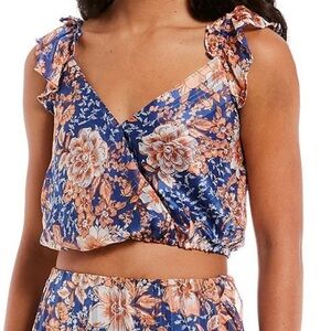 Coordinating Floral Print Ruffle Strap V-Neck Top